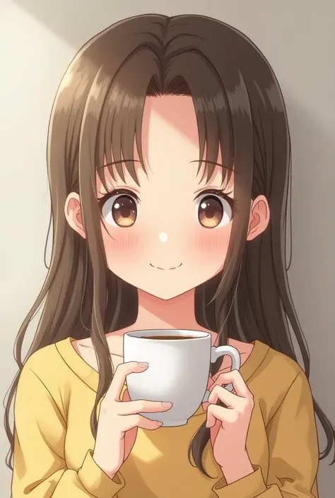 there is a young girl holding a cup of coffee in her hand, girl cute-fine-face, cute natural anime face, with cute - fine - face, sakimi-chan, Chiho, Yoshitomo Nara, young cute face, beautiful japanese girls face, brown hair and large eyes, cute kawaii gir...