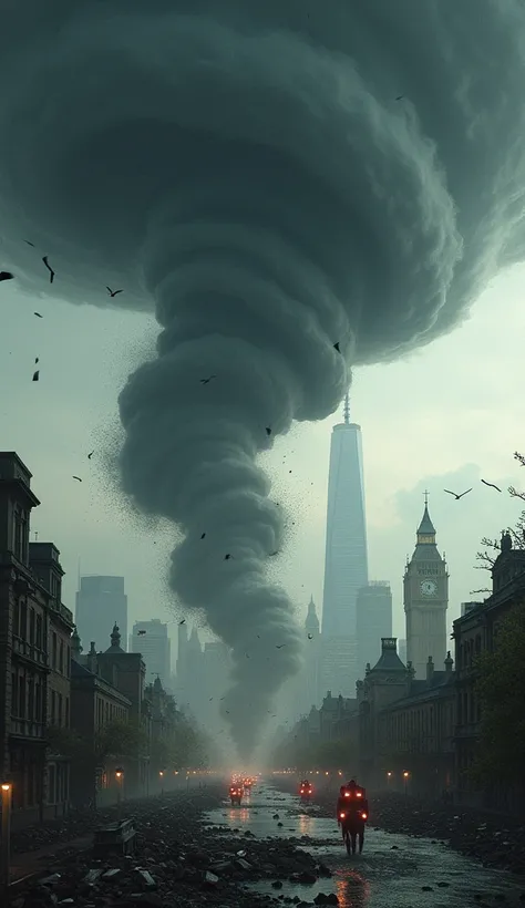 Tornado Alley Terror: A swirling vortex of clouds ravages London, ripping skyscrapers from the ground."