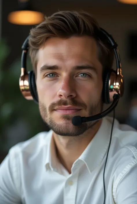 a close up of a man wearing a headset and a white shirt, a digital rendering by Jakob Gauermann, shutterstock, renaissance, wearing headset, wearing a headset, headset, with head phones, male with halo, high quality portrait, floating headsets, working in ...