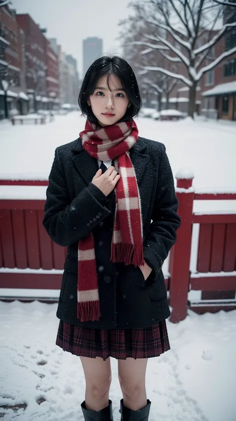 high quality, masterpiece,  super high definition, (Realistic:1.4), Original photo, 1 Girl,  Japanese，Black Hair、Moody Tone, （ high contrast ）、Hair swaying in the wind、Beautiful woman，２0 years old、whole bodyショット、Flared Skirt、 knee-length skirt 、cold、winter...