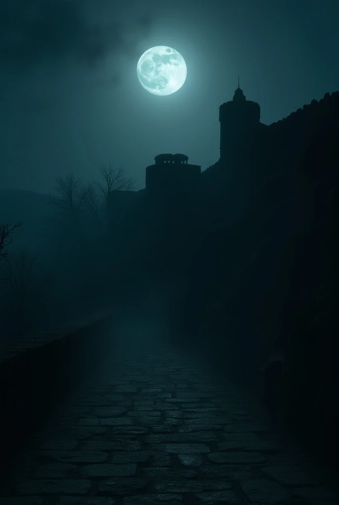 nighttime view of Bhangarh Fort, illuminated by moonlight. The shadows are long, and ghostly figures seem to lurk in the corners, with faint whispers and eerie sounds filling the air.