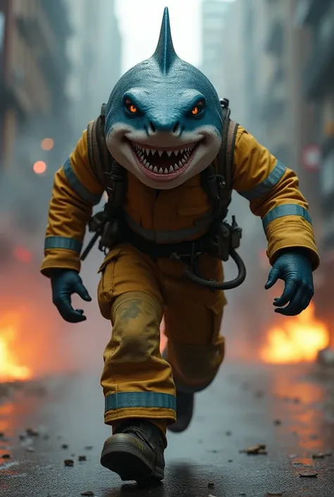 a firefighter shark saves lives, in a human body, with shark skin, humanoid