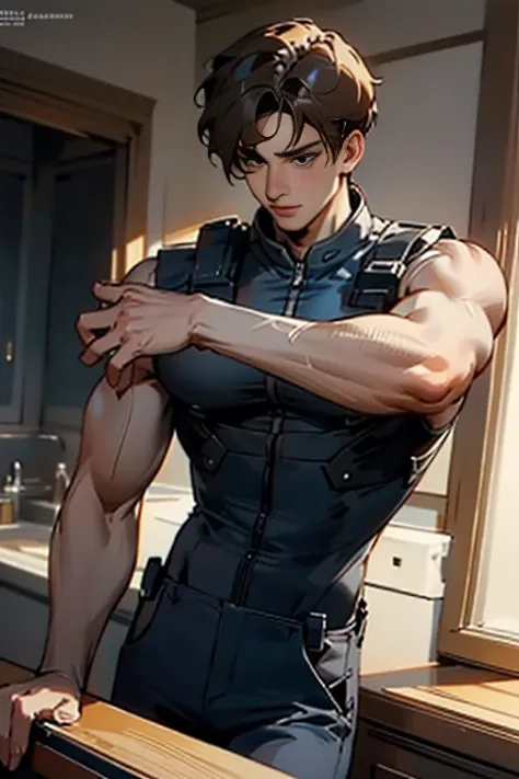 (  very detailed CG), (  best quality ), (  very detailed CG), (  best quality ), (. Kennedy), (Overall view) SWAT Clothing, Beautiful and attractive young man,  toned muscles, Large breasts,