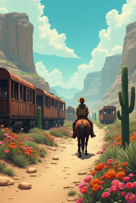 Hyperrealistic comic: Abba Donasso trains, abandoned carriages, flowers come out of the trains, a young cowboy riding a horse riding through a valley of flowers, traveling down a mountain road, abandoned carts., abandoned trains desert landscape ranchos , ...