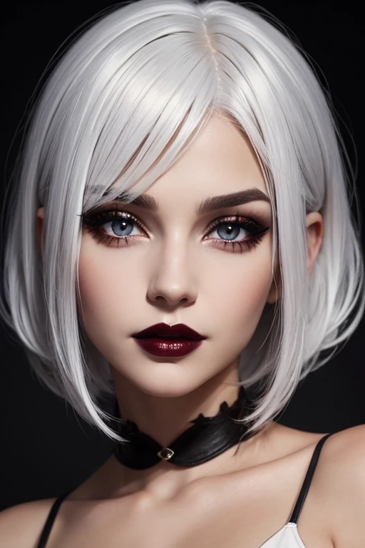 girl with white hair and dark brown eyes, Dark makeup, lipstick