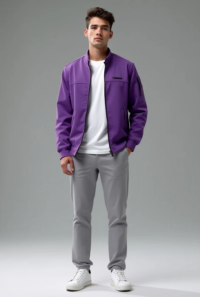 purple jacket, white t-shirt, light gray pants, white sneakers, man