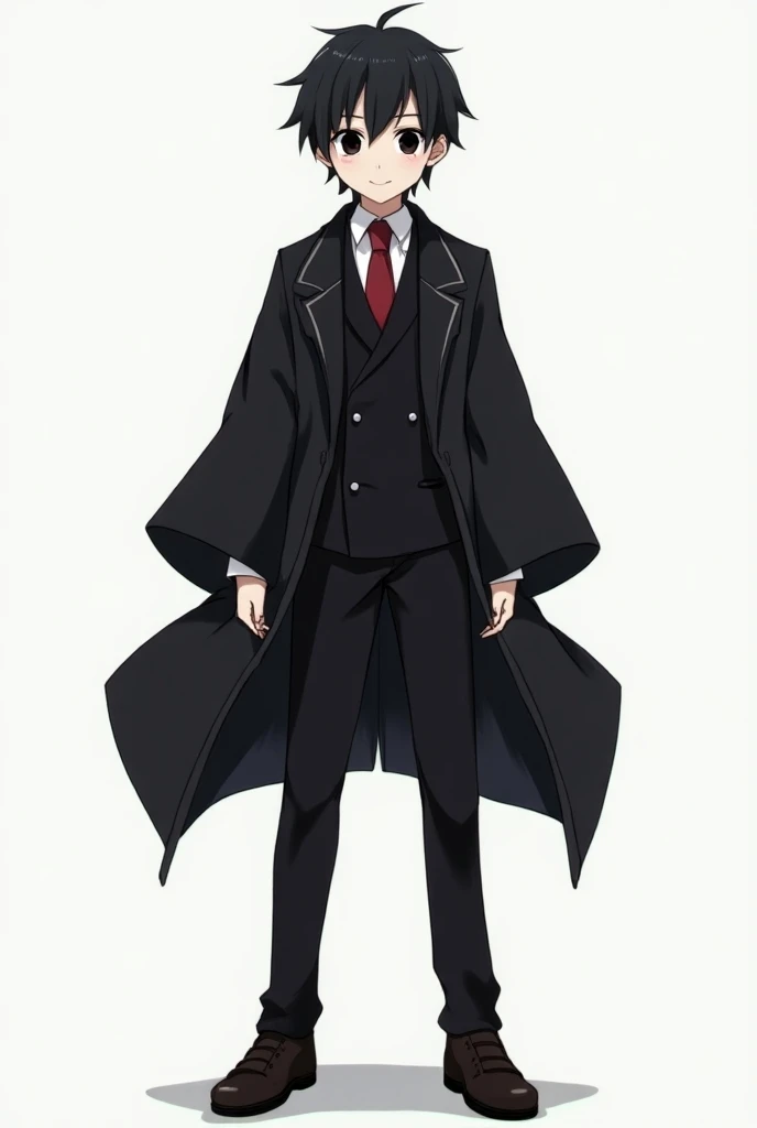 Fullbody Picture,Best quality, Short Black hair , 1 10 Feet Tall male, big black eyes, Black Gakuran Outfit, Long legs,,2D default standing, Standing still,hands to the sides,Neat attire , smiling 