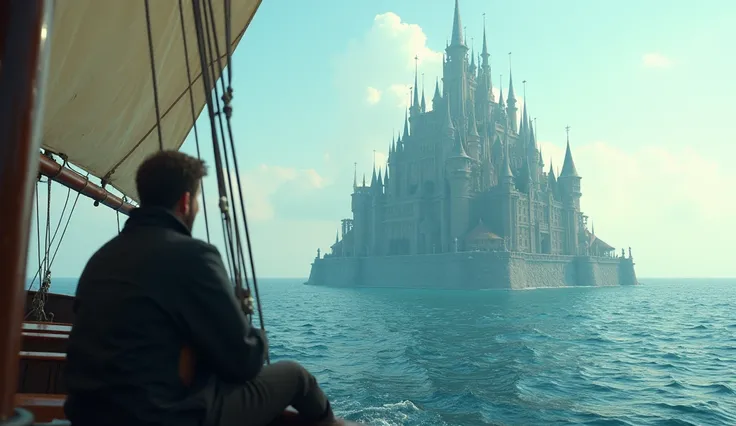 A man who sitting on a ship and he Shaw a mystery palace on middle of sea