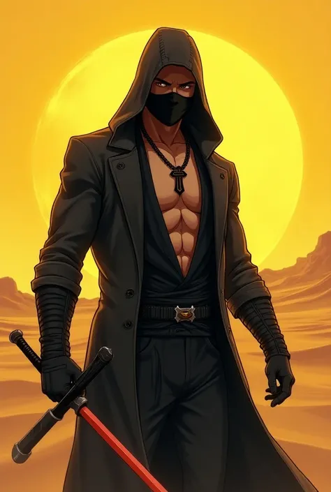 A male hero, assasian, wearing a cool full hoody overcoat, wearing a cool mouth  mask, holding a bright colour sword, combat pose, background desert, a big unique symbol  black necklace on his neck, yellow spark coming out from his body as aura, 8k ultra, ...