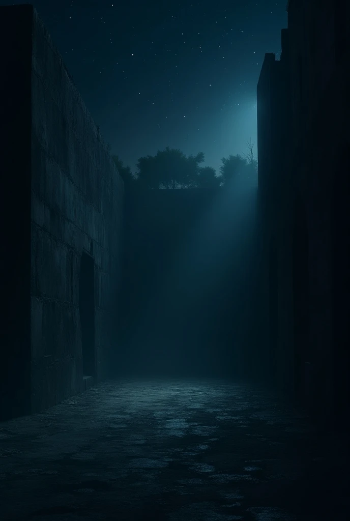 A chilling scene of the fort under the stars, with an empty interior. The ominous feeling of danger looms, as if the shadows are alive and watching those who dare to stay.