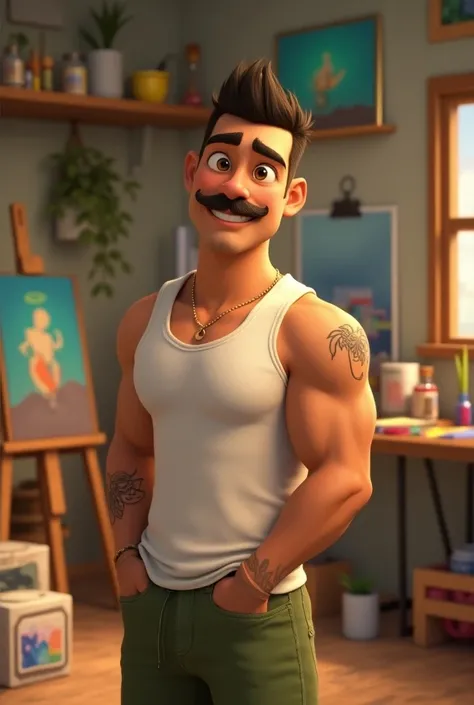 create a Pixar-style movie poster, In him ,  I want a man with an athletic body ,  light brown skin and very short, almost shaved hair , Cet homme est Latino et porte une moustache charmante, he has light brown almost yellow eyes,  wears a white tank top a...