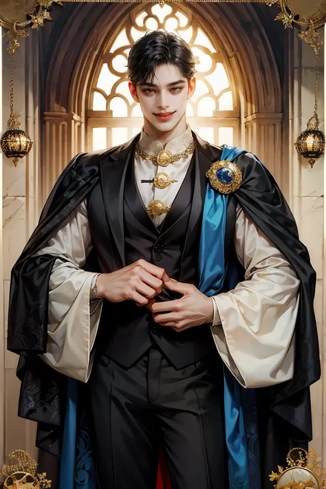 8 k, adult, Slim, tall man, Middle Ages, difficult, elegant, Very detailed, 1 man,  majestic ,  black hair , amber eyes, dressed in a black medieval suit, with blue patterns on clothes, Evil smile, cunning