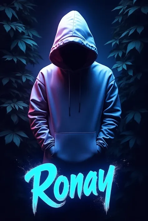 This image shows a graphic design with a central figure wearing a white Hoddle around the image, there are neon light effects and green leaves, which look like digital art and not real leaves. The graffiti font called “Ronay” is clearly displayed at the bo...