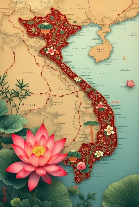 Images on the theme of Vietnam tunic and a map of the country of Vietnam + lotus 
