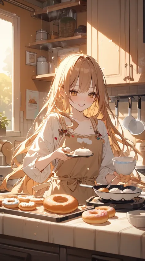 One Girl、 dreamy expression 、 long flowing hair 、 wearing a quirky apron 、 decorating donuts、 White Porcelain Skin 、Small breasts、 icing on fingers 、  
break、  
 Golden Hour Light 、(Warm shades:1.4)、sweet color 、 creative energy 、 fun vibe、 Artistic Twist ...