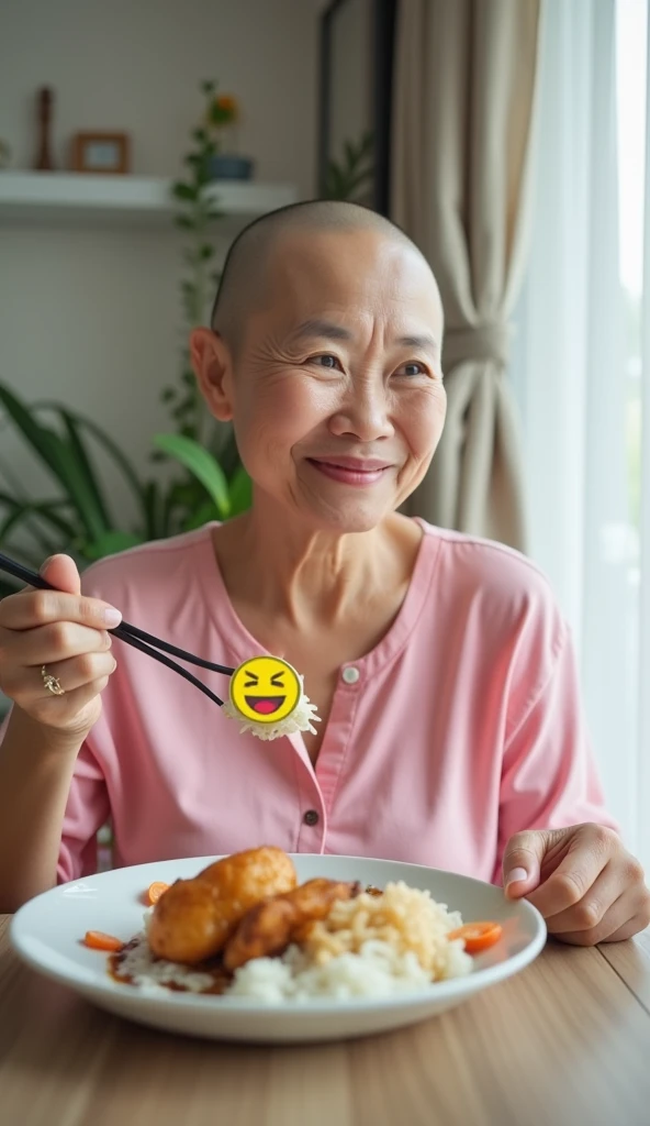 The photo is a landscape photo of a Thai cancer patient, a 55-year-old woman with a bald head wearing a pink blouse with a smiling emoji, sitting eating chicken rice with her 25-year-old daughter. Very beautiful house very beautiful, bright, clean white.