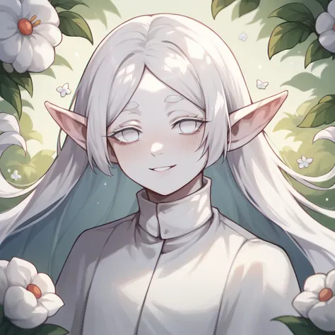 1girl, Solo, Looking At Viewer, Absurdly Long Hair, White Hair, Long Pointy Ears, Pale Skin, Albino,  White Eyes, No Pupils, Blush, Fairy, Fae, White Flowers On Skin, White Kimono, Flowers Growing In Skin, Smile, Winter Fairy, Winter Fae, Winter Flowers, 