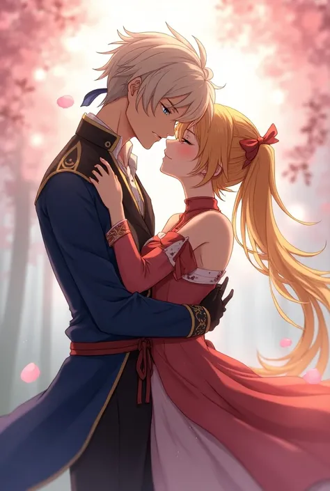 A digital illustration of Scaramouche embracing Aether from Genshin Impact, their contrasting outfits of deep blues and warm golds intertwining. The background features a misty Inazuma landscape with cherry blossoms floating in the air. Soft, ethereal ligh...