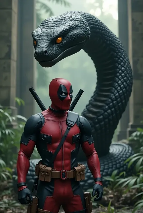 DEADPOOL: "superhero in form-fitting red and black tactical suit, white expressive eyes on mask, dual katanas on back, utility belt with pouches"

SNAKE: "massive black snake with diamond scale patterns, amber eyes, 2 feet tall, iridescent scales”

Dynamic...