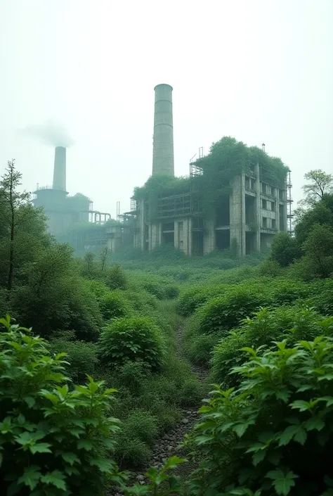 A desolated powerplant  , foreground covered with overgrown green vegetation, dark green is important, a massive white sky in the background, hd detail,8k,distance angle view is Very important. 