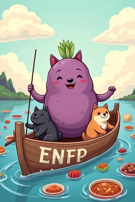 A purple sweet potato with arms and legs is on a boat with a black Shiba dog and a brown Shiba dog, The letters ENFP are written on the boat, so . The boat floats on the water flowing with food such as pork belly, kimchi stew, etc.. The entire image is dra...