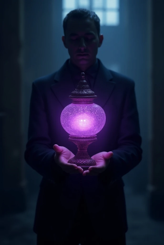 person holding a purple lamp

