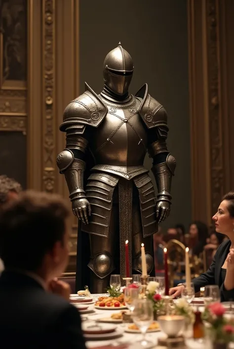 A man wearing metal armor that covers his entire body in a dining room with a table full of people