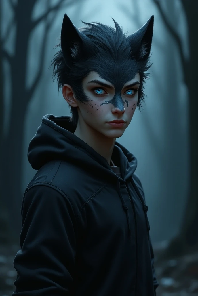 a teenage wolf hybrid human form with blue eyes and a scar on his face
