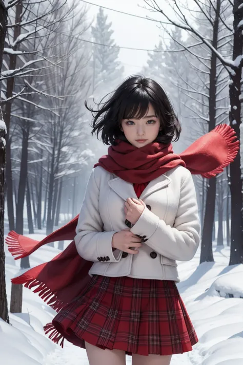 high quality, masterpiece,  super high definition, (Realistic:1.4), Original photo, 1 Girl,  Japanese，Black Hair、Moody Tone, （ high contrast ）、Hair swaying in the wind、Beautiful woman，２0 years old、whole bodyショット、Flared Skirt、 knee-length skirt 、cold、winter...