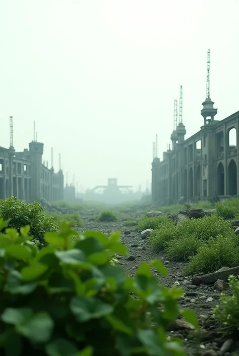 A desolated  wasteland   , foreground covered with overgrown green vegetation, dark green is important, a massive white sky in the background, hd detail,8k,distance angle view is Very important. 