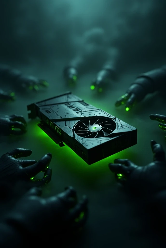 "Create an image of a sleek, futuristic NVIDIA five thousand series graphics card, set in a dark, ominous environment. The card should have glowing green accents, casting eerie shadows. Surround it with a shadowy, menacing atmosphere, perhaps with dark smo...