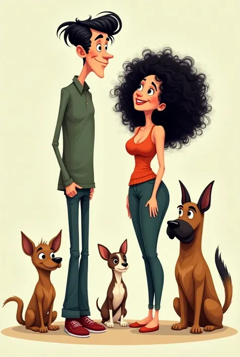 Cartoon of a tall thin man with long straight black hair and curly haired woman, a brown chihuahua and a German shepherd 