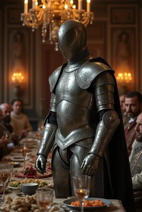 A man in metallic armor that covers his entire body in a dining room with a table full of 12th century people