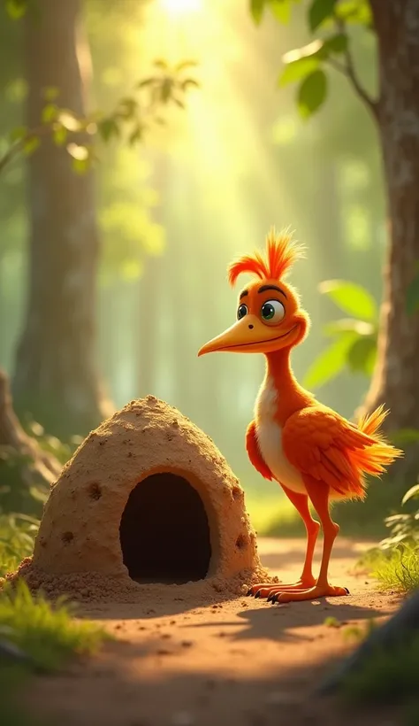 A joyful Pixar-style scene featuring a small, proud hornero bird standing next to its freshly completed mud nest. The hornero is beaming with happiness, its bright orange-brown feathers glowing in the warm sunlight. Its wings are slightly raised in a celeb...