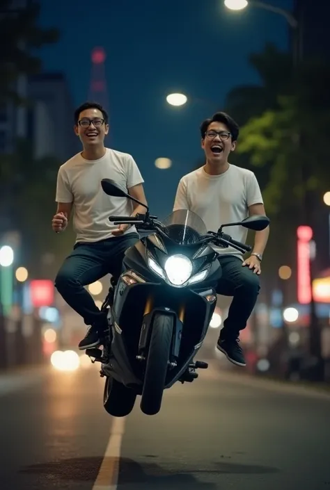 View from the left of 2 happy Asian men wearing white T-shirts and glasses, flown high in the air with motorbike, at night, in city street.