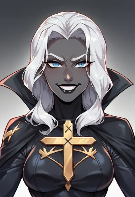  A villain who stole the body of a heroine and now takes advantage of her new body , This heroine the storm  ,  She wears a black costume with gold edges and is sitting cross-legged wearing a black cape. ,  smiling with her hands on her face white hair blu...