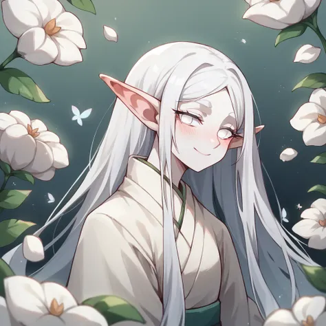 1girl, Solo, Looking At Viewer, Absurdly Long Hair, White Hair, Long Pointy Ears, Pale Skin, Albino,  White Eyes, No Pupils, Blush, Fairy, Fae, White Flowers On Skin, Kimono, Flowers Growing In Skin, Smile, Winter Fairy, Winter Fae, 