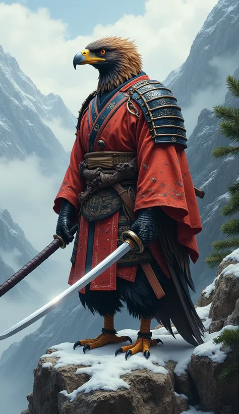 Eagle Samurai (Japan): An anthropomorphic eagle dressed in a traditional kimono and light armor, holding a katana and majestically perched on a mountain top.