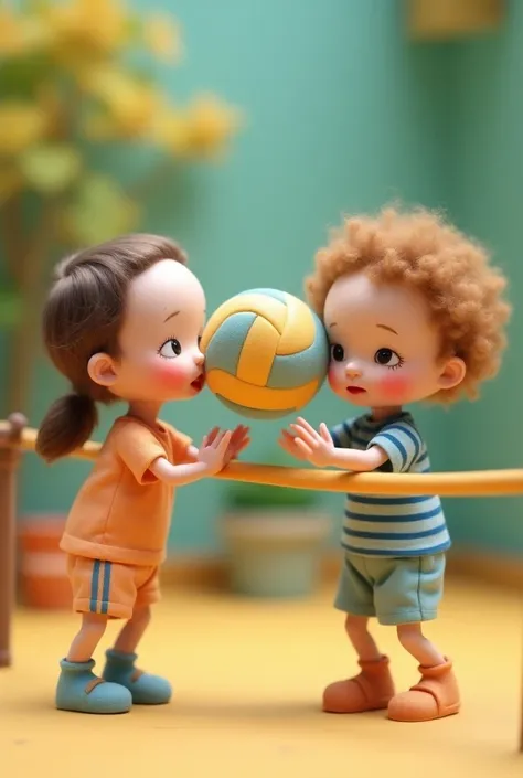 Two little dolls playing volleyball and one receiving the ball in the face 
