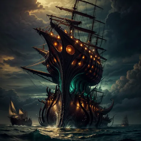  A gigantic monstrous octopus in the sea attacking ships. The octopus is golden and exudes an aqua-green aura . medieval.  Dark Fantasy.   masterpiece.  textured skin, 