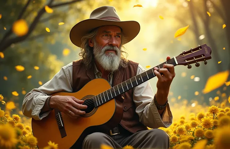 ((best quality)), ((masterpiece)), (detail), Perfect and dynamic digital painting,perfect face, full body shot of a old country man playing guitar in a garden, yellow leaves flying all over the garden,wear boho style clothes, blurred background with lots o...