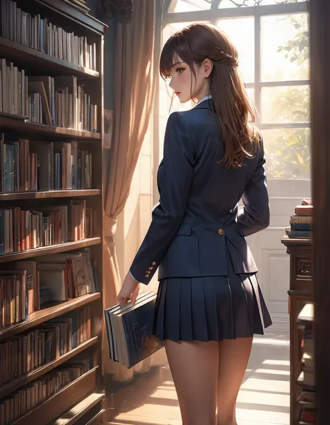 1 girl, beautifully detailed eyes, beautifully detailed lips, highly detailed face and eyes, long eyelashes, blazer uniform, school uniform, long brown hair, picking up a book from a shelf in a high school library, sunlight streaming in through a window, b...