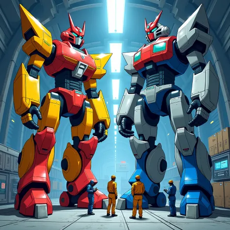 Draw an illustration of the lion and wolf robots being repaired separately in Megazord-style animal form,  colors of the robot lion part red and yellow, Colors of the robot wolf part gray and blue .