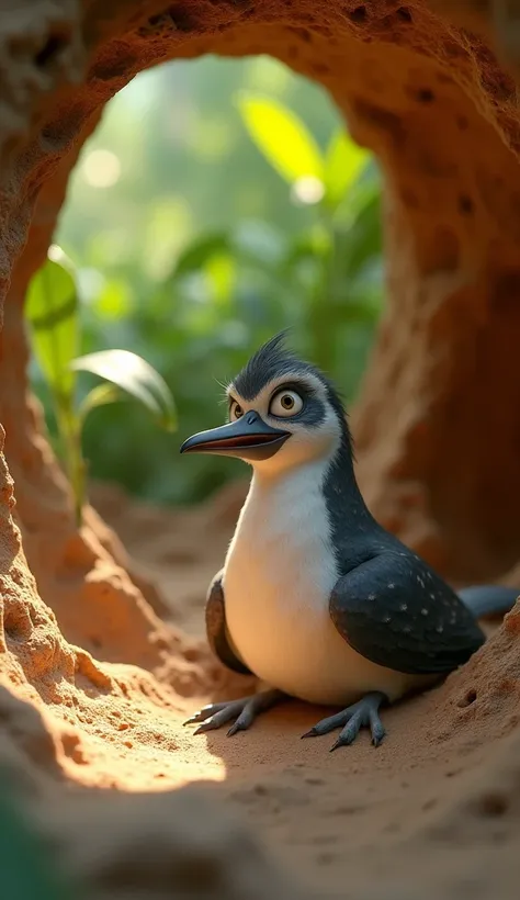 A playful Pixar-style scene featuring a mischievous cuckoo bird inside the mud nest of a hardworking hornero. The cuckoo, with its gray and white feathers, looks cheeky and smug, comfortably nestled within the round mud house. Its large eyes glimmer with m...