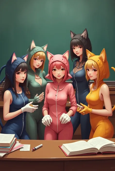 Something that refers to the college pedagogy course and five girls in cat costumes