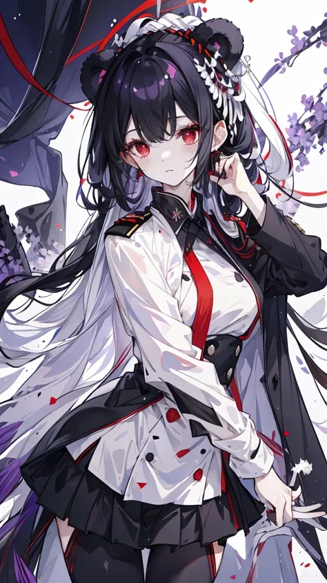 Black Bear，Two-tone hair，Mainly black hair，White hair on the left，There is a white V in the middle of the hair，red eyes，slim figure，black military uniform，Purple shawl，white collar，purple 1 girl, 