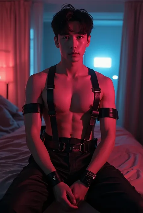 Hot Korean man with defined pink , shirtless , streeper doctor , BDSM CLOTHE, front view, K-idol, hot , sexy , k-idol bdsm , BDSM, streeper  doctor , motel room  , masterpiece  