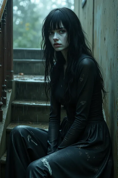  A woman with pale skin painted white,  makeup with dark fringed hair , wearing paint ,  while sitting on a staircase , watching the rain