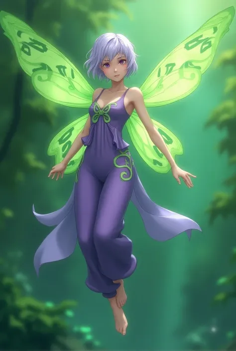 Korean lilac short-haired fairy with green wings fairy in a purple jumpsuit with green details short and loose and floating on a green background with a strong war pose ready to unleash green powers 