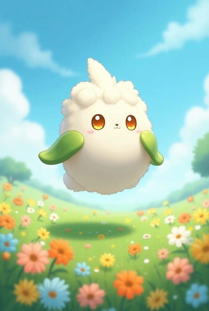  Waumboll floats gently over a meadow full of colorful flowers under a bright blue sky.  Its fluffy appearance gives a feeling of lightness . Waumboll ist ca. 30 cm tall and 600 g heavy ,  i.e. a very small and delicate Pokémon .  His body is Roundically s...